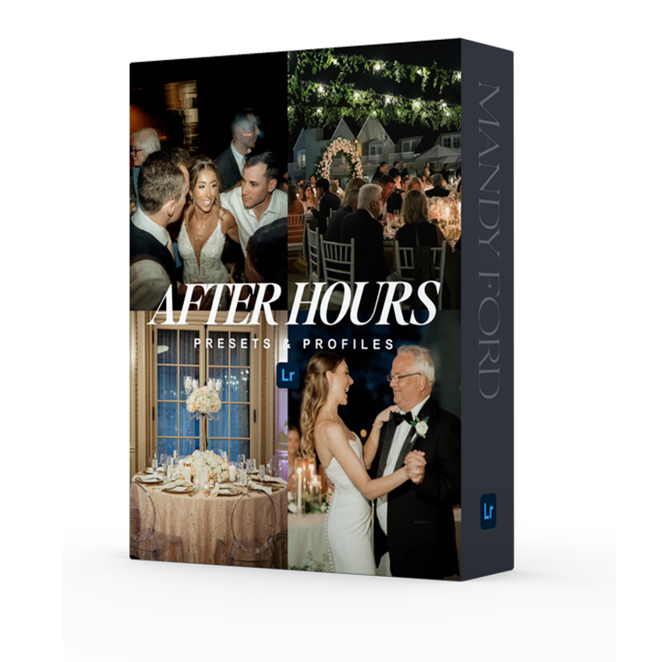 Editorial Flash Presets by Mandy Ford | Software box mockup showcasing reception imagery lighting scenarios ranging from dance floor to ambient light to mockup the After Hours Presets. 