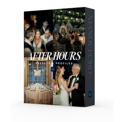 Editorial Flash Presets by Mandy Ford | Software box mockup showcasing reception imagery lighting scenarios ranging from dance floor to ambient light to mockup the After Hours Presets. 