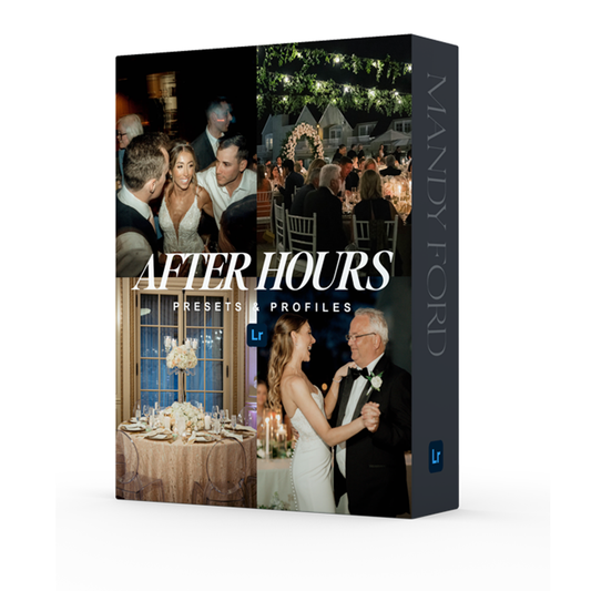 Editorial Flash Presets by Mandy Ford | Software box mockup showcasing reception imagery lighting scenarios ranging from dance floor to ambient light to mockup the After Hours Presets. 